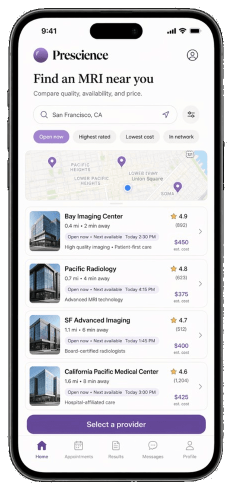 Prescience app — find an MRI near you, with transparent prices and same-day availability