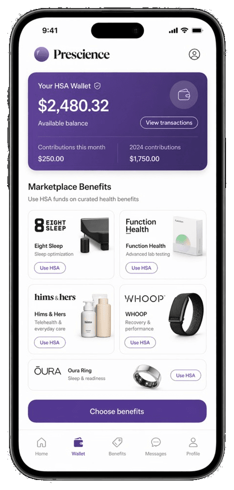 Prescience app — your HSA wallet with dynamic balance and curated marketplace