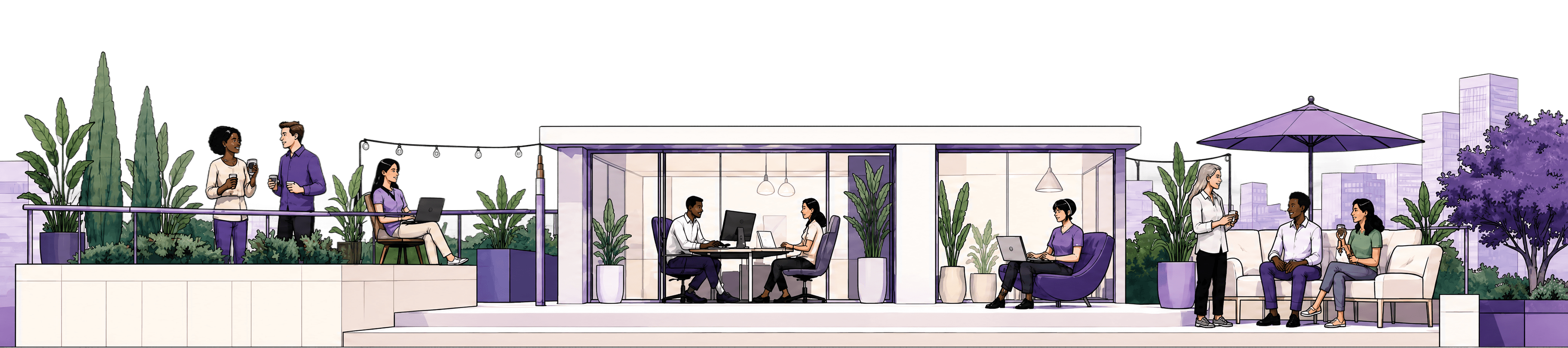 Teams working on a modern rooftop terrace