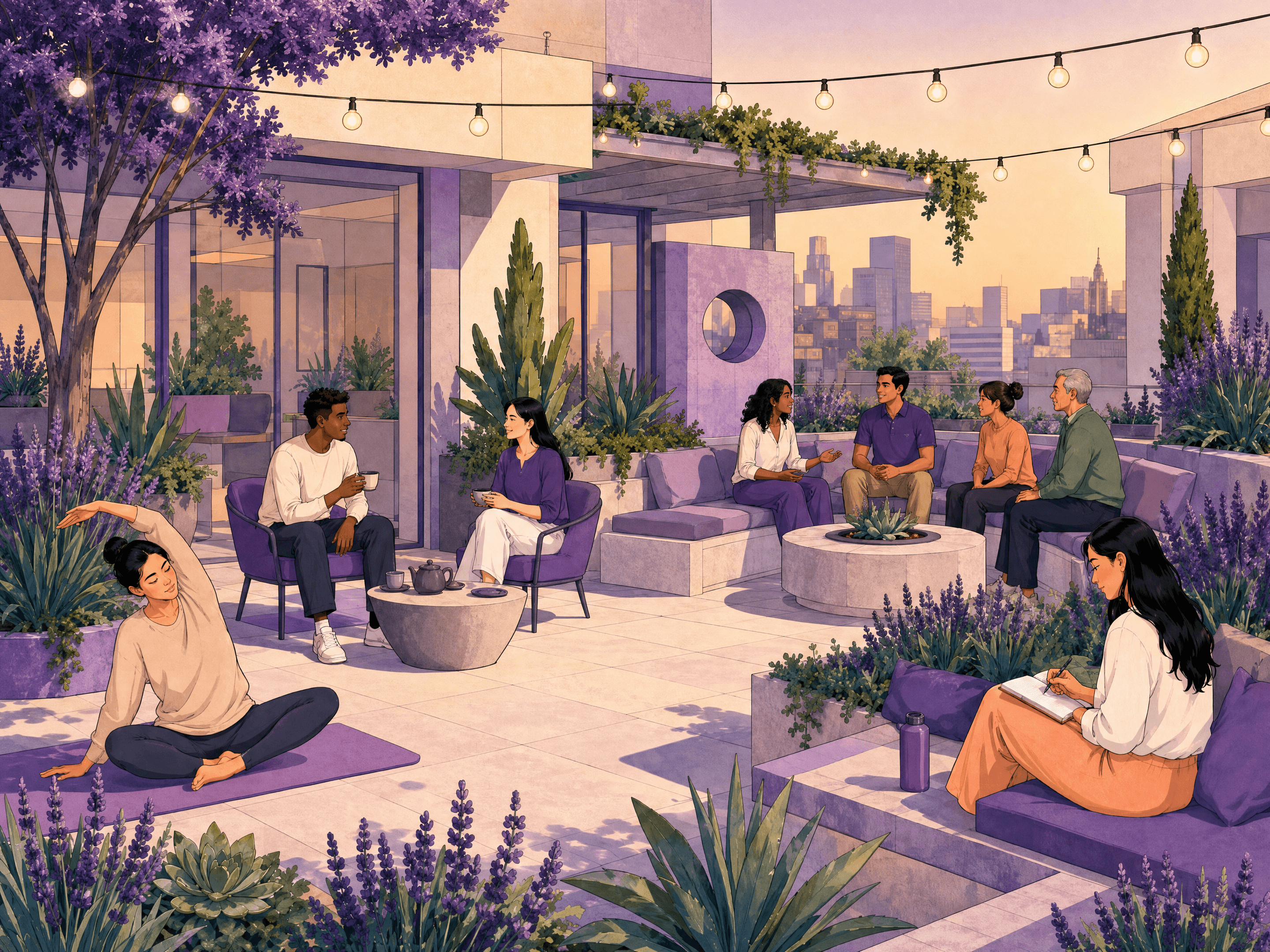 Prescience members relaxing on a rooftop terrace