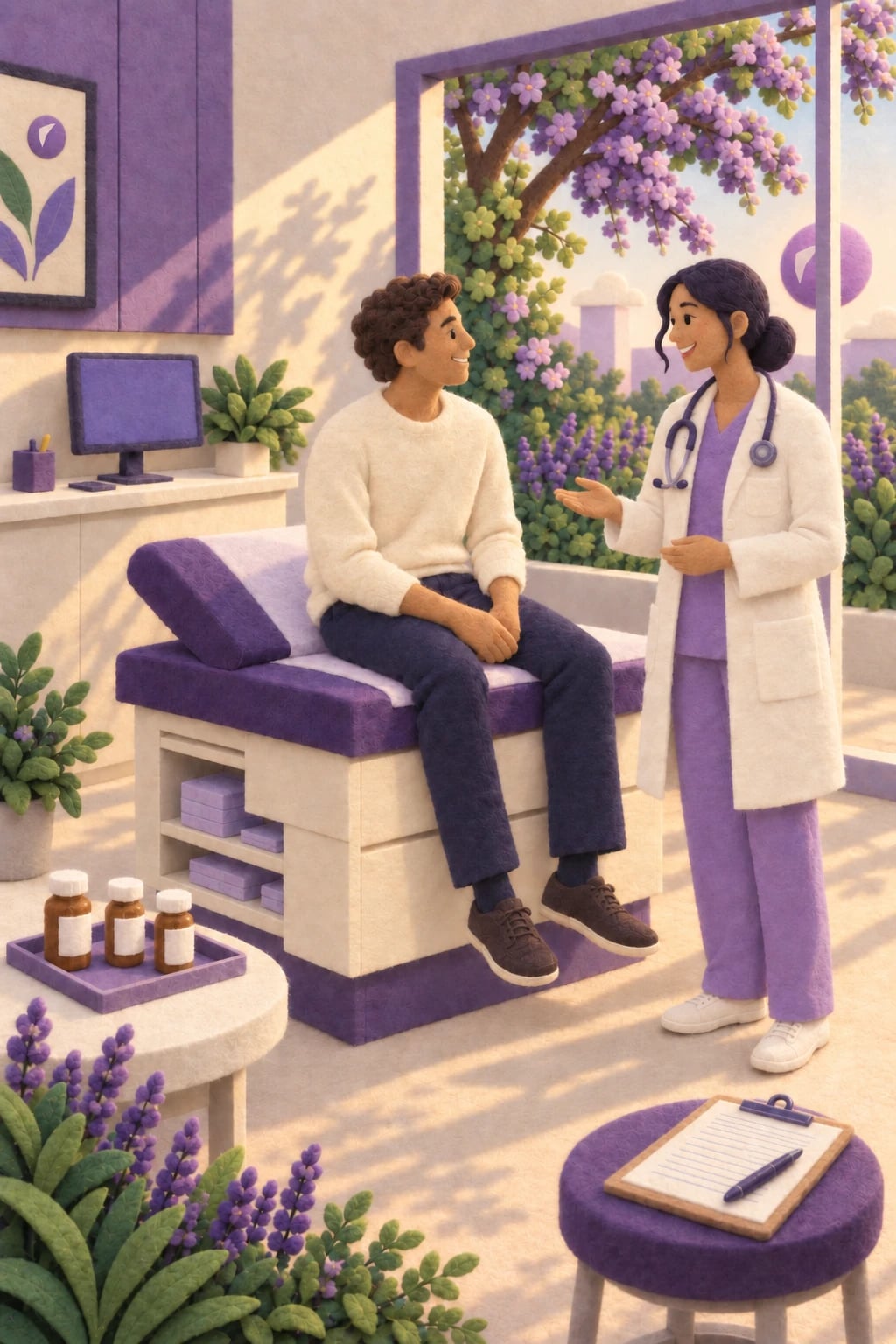 A woman doctor talking with a male patient in a sunlit, lavender Prescience exam room